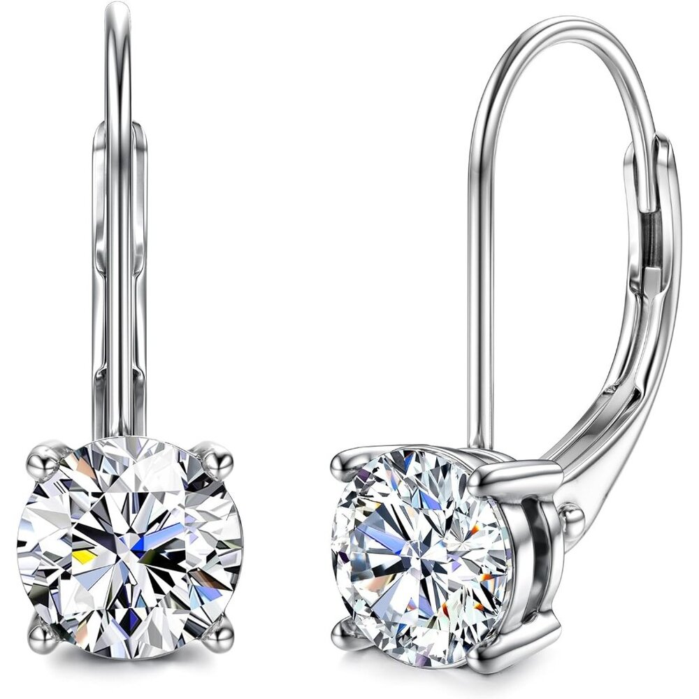 Women's Sterling Silver Dangle Earrings Moissanite Leverback Round Cut 18K
